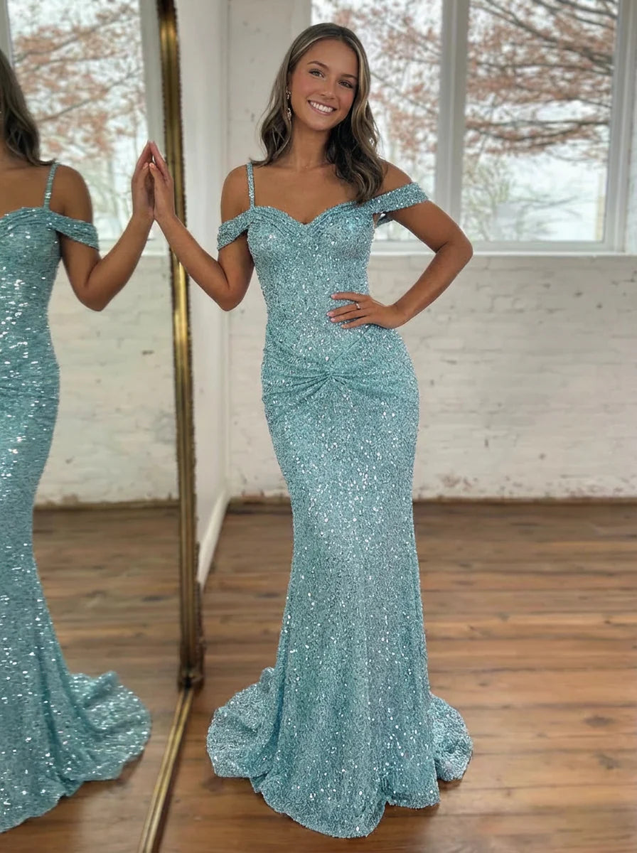 Vestido de noche largo de lentejuelas con hombros descubiertos y efecto sirena brillante