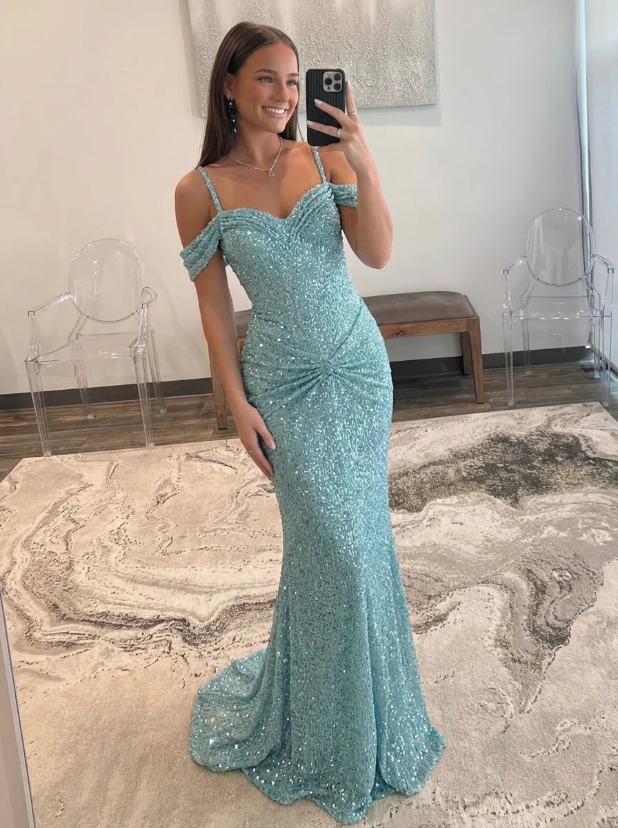 Vestido de noche largo de lentejuelas con hombros descubiertos y efecto sirena brillante