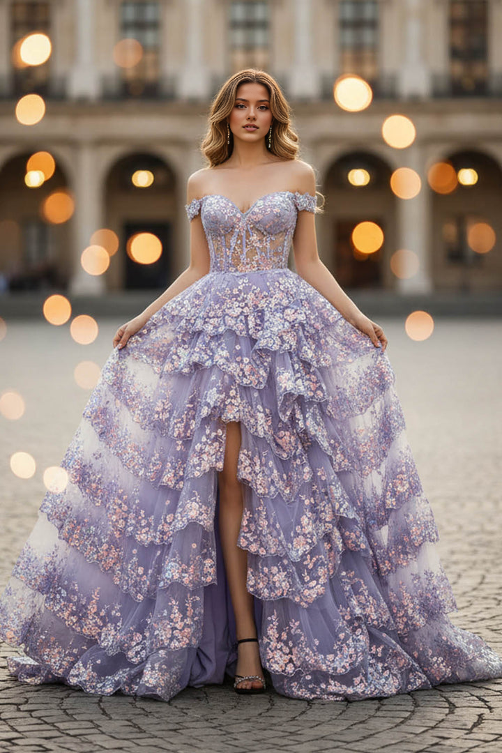 Shimmering Off-the-Shoulder Layered Sequined Formal Gown Sheer Corset Bodice Prom Dress with Slit