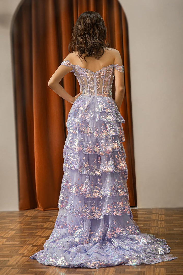Shimmering Off-the-Shoulder Layered Sequined Formal Gown Sheer Corset Bodice Prom Dress with Slit
