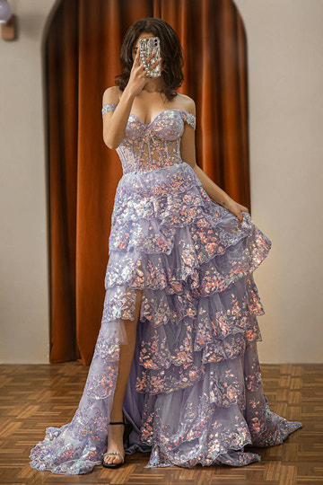 Shimmering Off-the-Shoulder Layered Sequined Formal Gown Sheer Corset Bodice Prom Dress with Slit