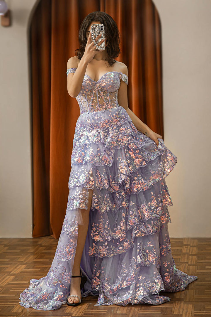 Shimmering Off-the-Shoulder Layered Sequined Formal Gown Sheer Corset Bodice Prom Dress with Slit