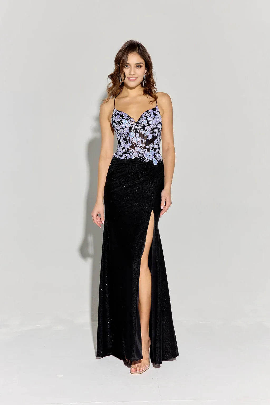 Shimmering Mermaid Spaghetti Straps Sleeveless Lace Satin Corset Evening Gown With Slit