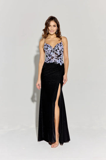 Shimmering Mermaid Spaghetti Straps Sleeveless Lace Satin Corset Evening Gown With Slit