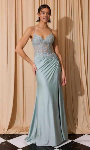 Shimmering Mermaid Spaghetti Straps Sleeveless Lace Satin Corset Evening Gown With Slit