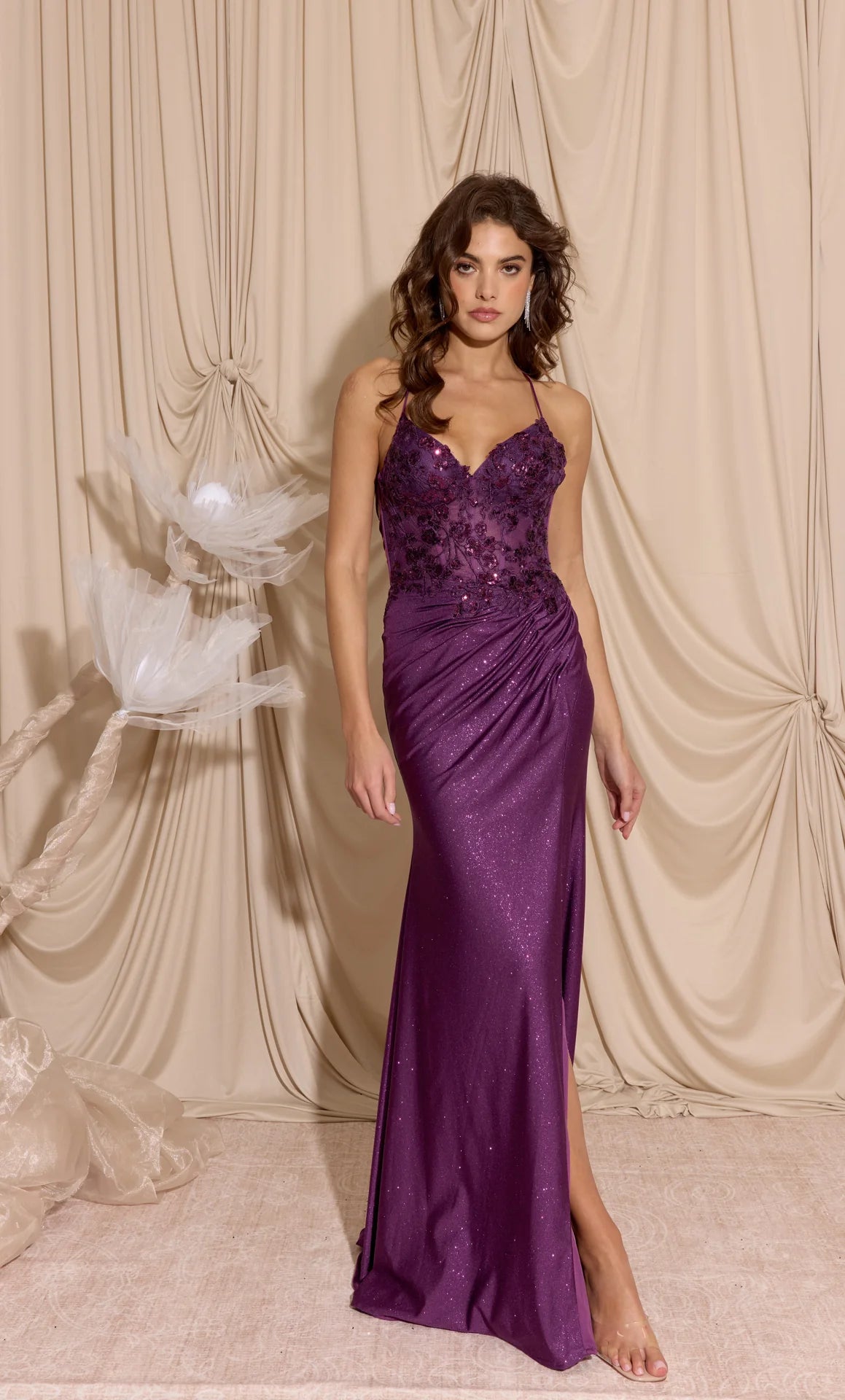 Shimmering Mermaid Spaghetti Straps Sleeveless Lace Satin Corset Evening Gown With Slit