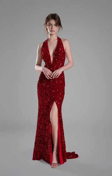 Showstopping Mermaid Halter Neck Sleeveless Sequin Floor Length Backless Slit Evening Dress