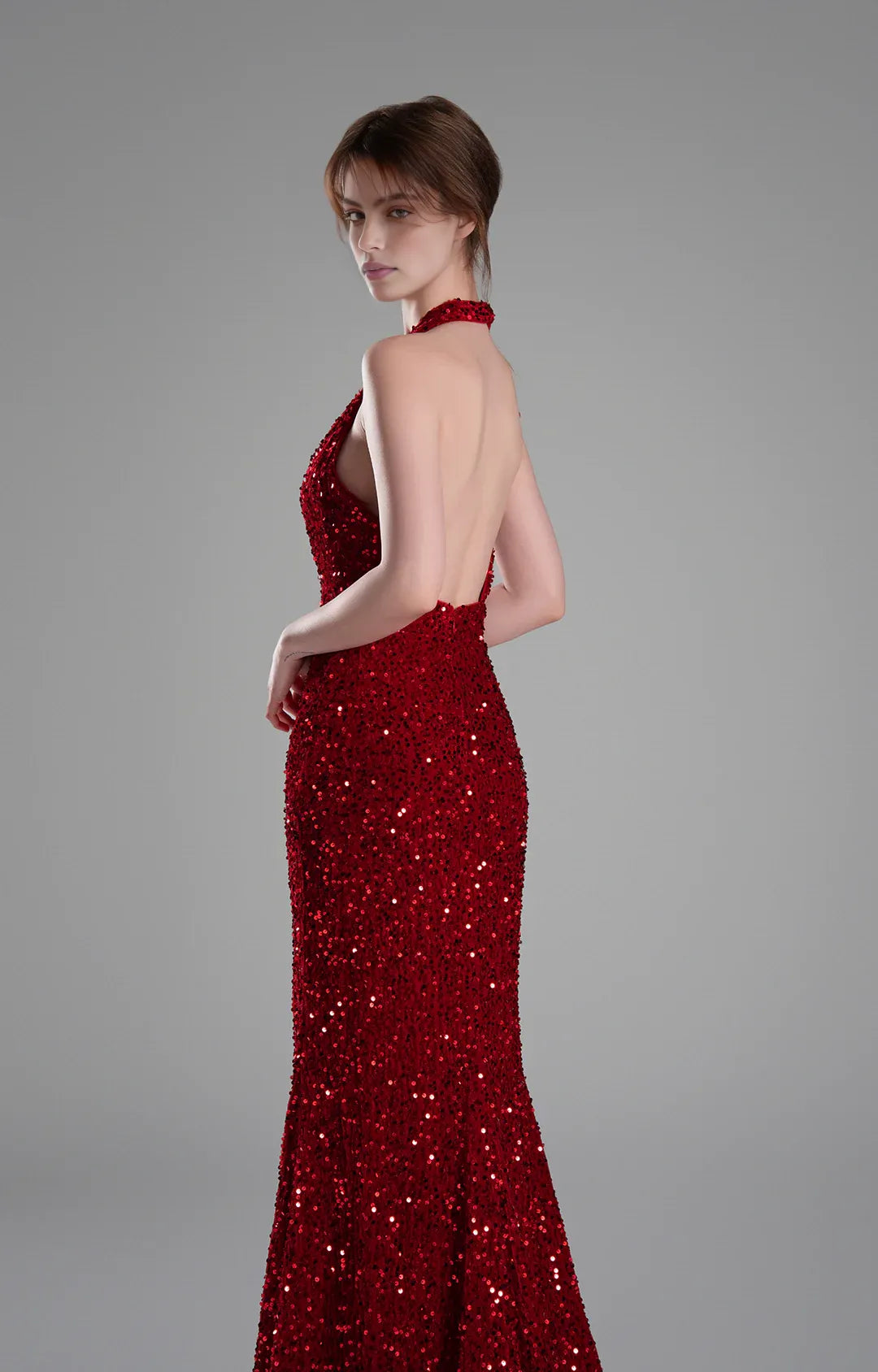 Showstopping Mermaid Halter Neck Sleeveless Sequin Floor Length Backless Slit Evening Dress