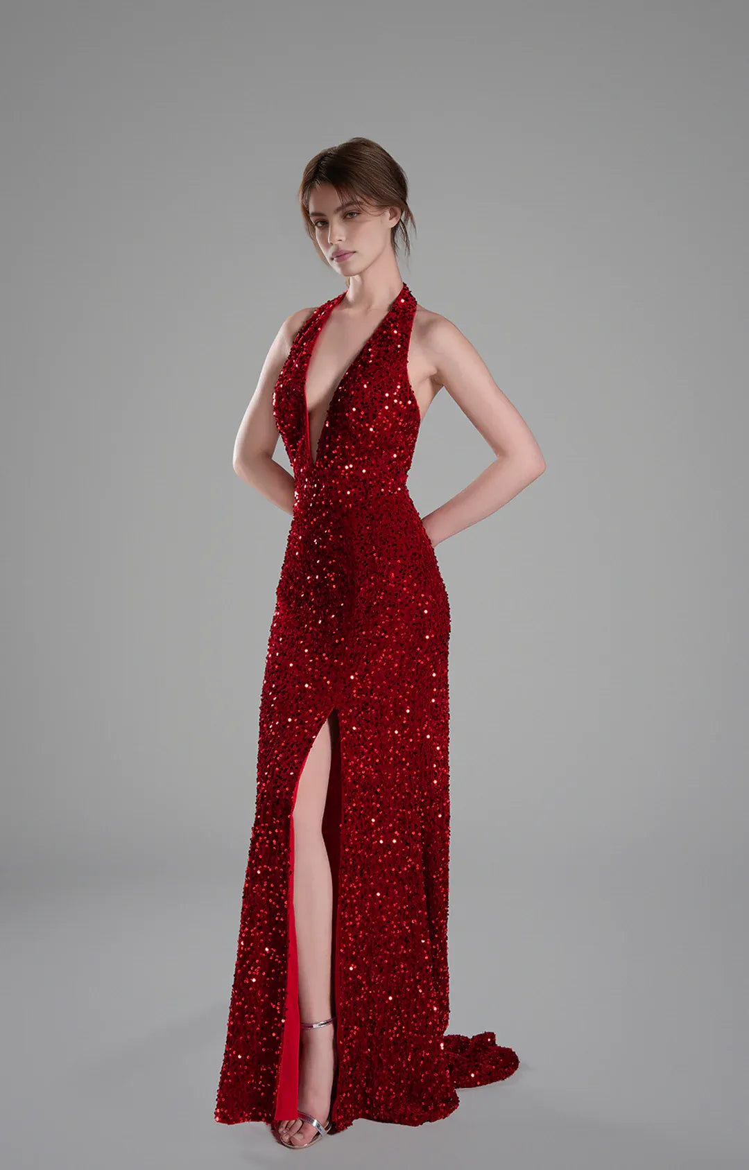 Showstopping Mermaid Halter Neck Sleeveless Sequin Floor Length Backless Slit Evening Dress