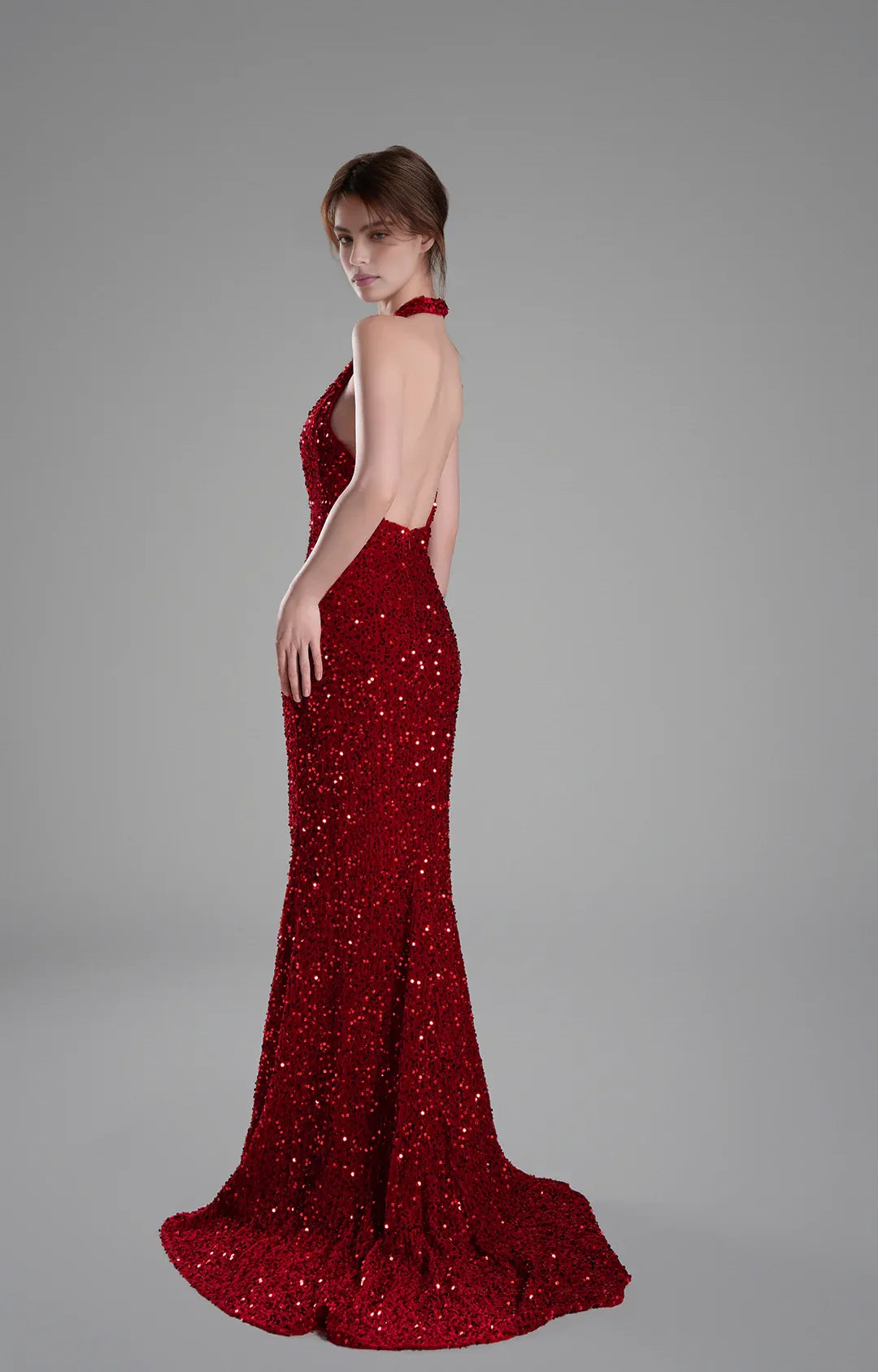 Showstopping Mermaid Halter Neck Sleeveless Sequin Floor Length Backless Slit Evening Dress