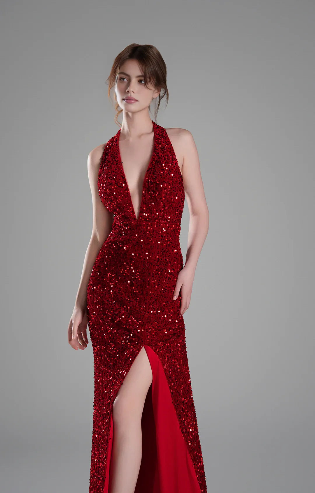 Showstopping Mermaid Halter Neck Sleeveless Sequin Floor Length Backless Slit Evening Dress