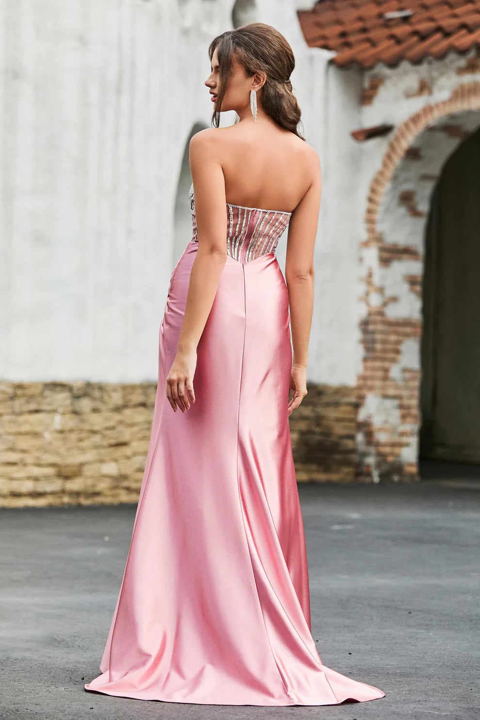 Showstopping Mermaid Strapless Sleeveless Satin Floor Length Beaded Corset Slit Prom Dress