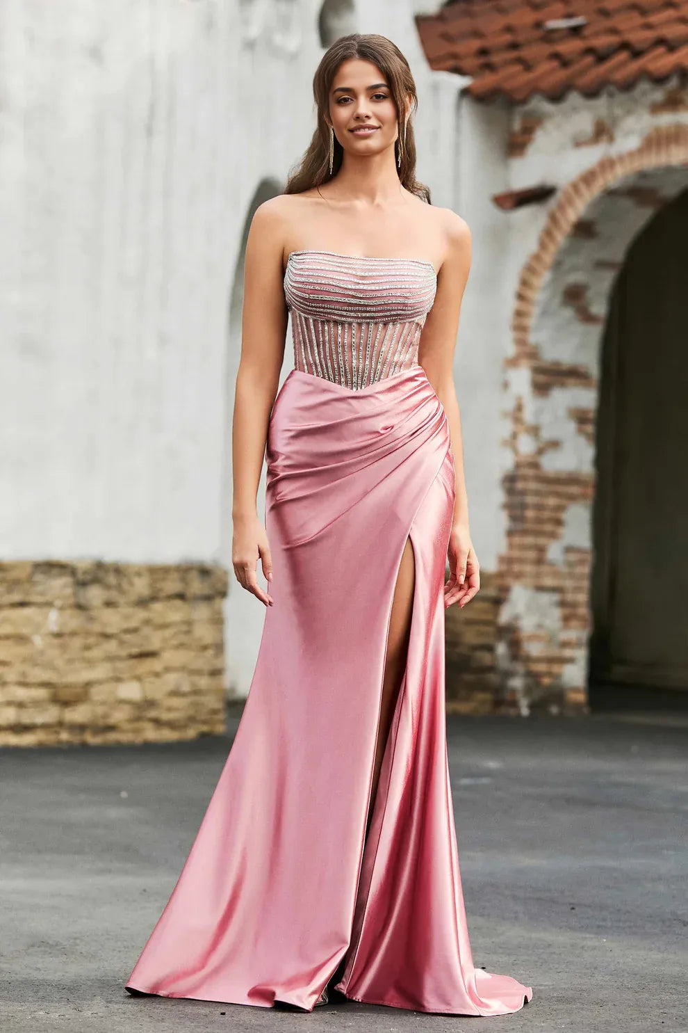 Showstopping Mermaid Strapless Sleeveless Satin Floor Length Beaded Corset Slit Prom Dress