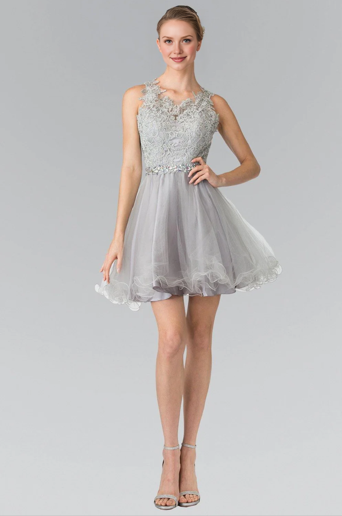 Elegant Lace Applique Tulle Scoop Neck Sleeveless Open Back Short Formal A Line Short Cocktail Dress