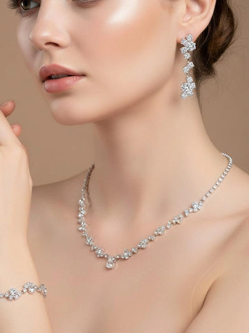 Silver Floral Rhinestone Jewelry Set