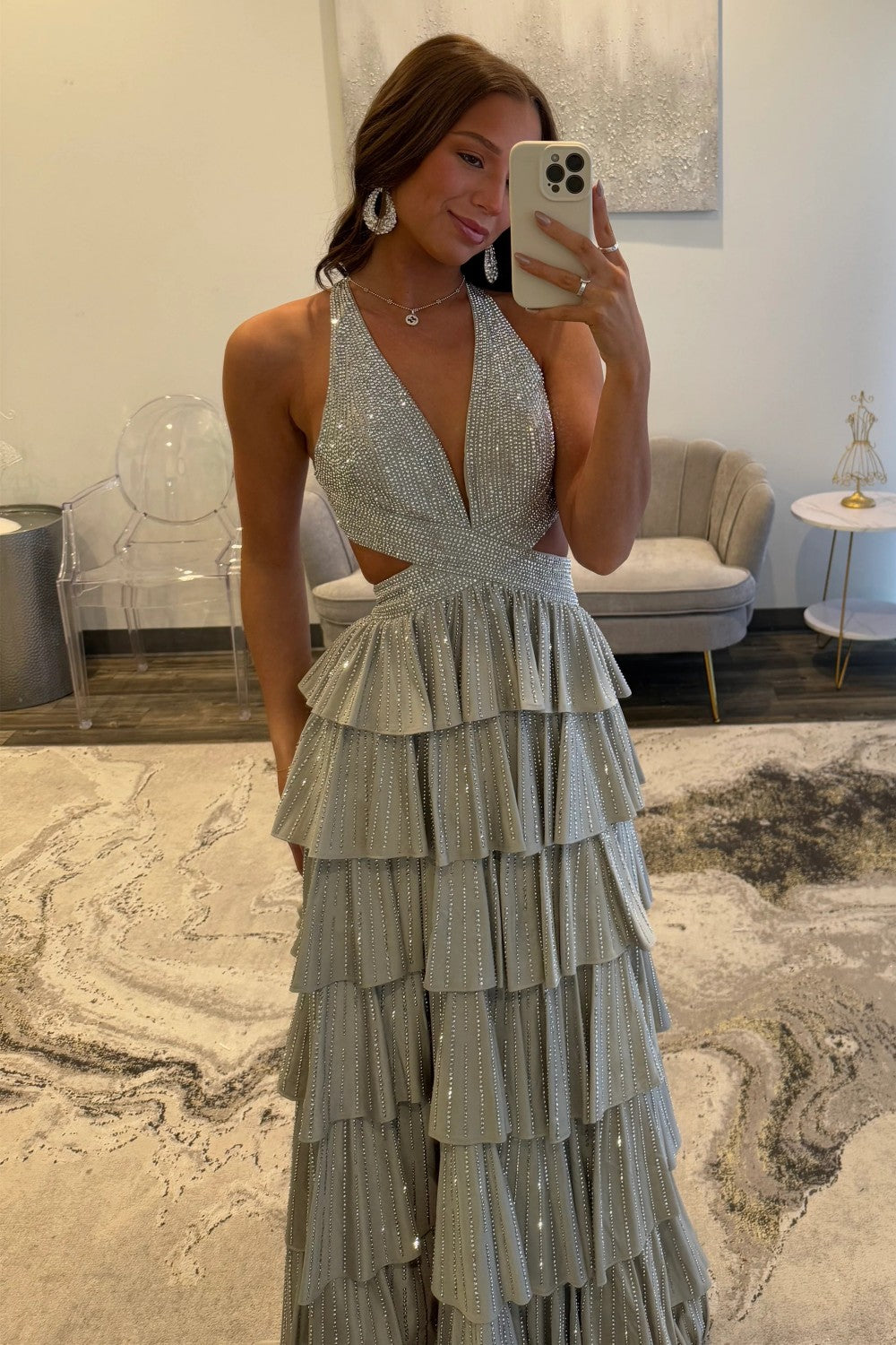 Vestido de fiesta de noche largo con abalorios, línea A, cuello halter, capas, brillante, espalda descubierta y abertura alta