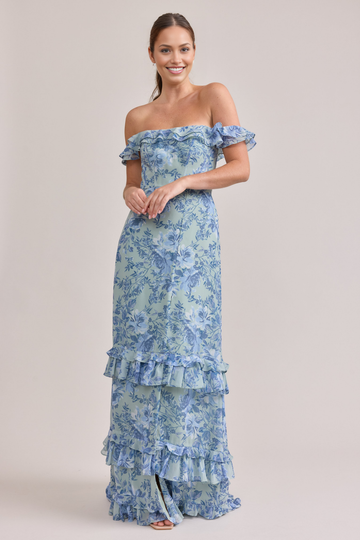 Women's Off-The-Shoulder Maxi Dress Floral Print Chiffon Ruffled Sleeves Formal Prom Bridesmaid Dresses With High Slit