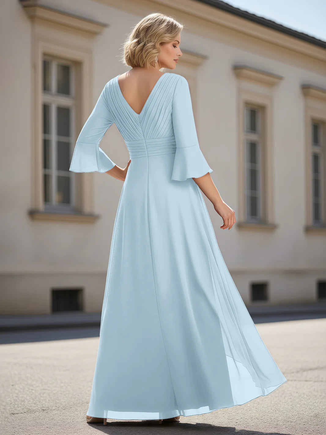 Chiffon Formal Maxi Dress V Neck 3/4 Bell Sleeve Ruched Waist Slit Floor Length Evening Gown