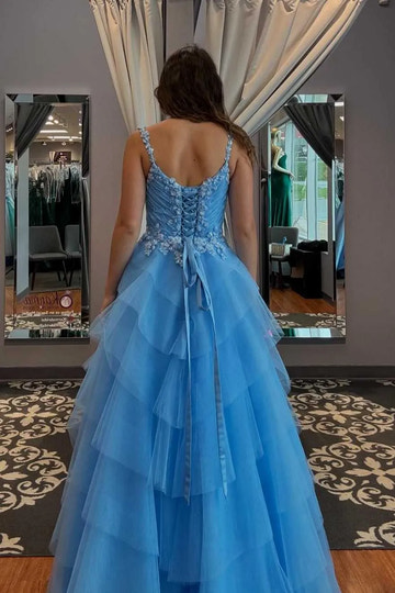 Sky Blue 3D Floral A-Line Sweetheart Spaghetti Strap Lace-Up Maxi Prom Gown