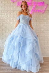 Sky Blue Lace Tulle A-Line Sweetheart Off Shoulder Backless Maxi Prom Gown