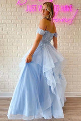 Sky Blue Lace Tulle A-Line Sweetheart Off Shoulder Backless Maxi Prom Gown