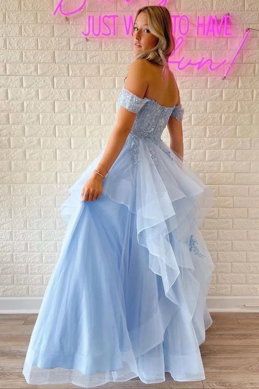 Vestido Largo de Fiesta Azul Celeste con Encaje y Tul, Escote Corazón, Hombros Descubiertos y Espalda Descubierta