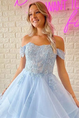 Sky Blue Lace Tulle A-Line Sweetheart Off Shoulder Backless Maxi Prom Gown