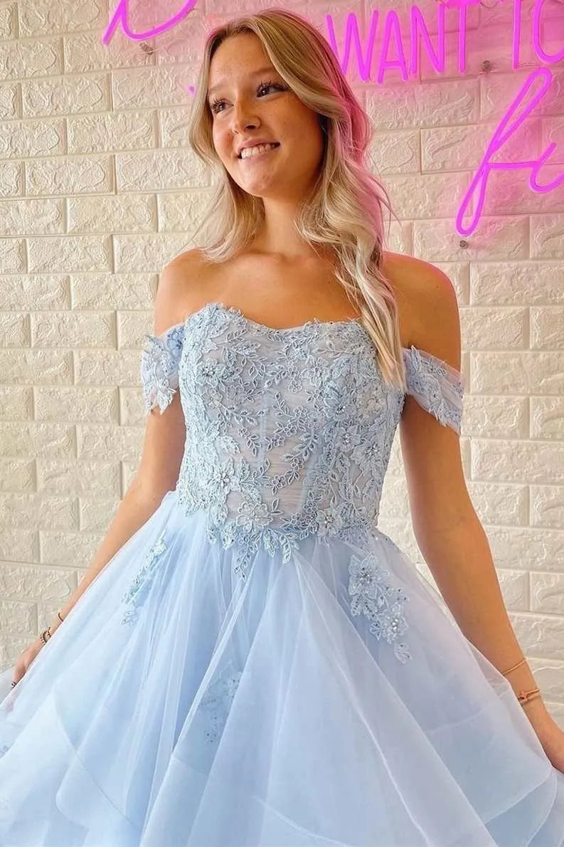 Vestido Largo de Fiesta Azul Celeste con Encaje y Tul, Escote Corazón, Hombros Descubiertos y Espalda Descubierta