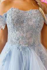 Sky Blue Lace Tulle A-Line Sweetheart Off Shoulder Backless Maxi Prom Gown