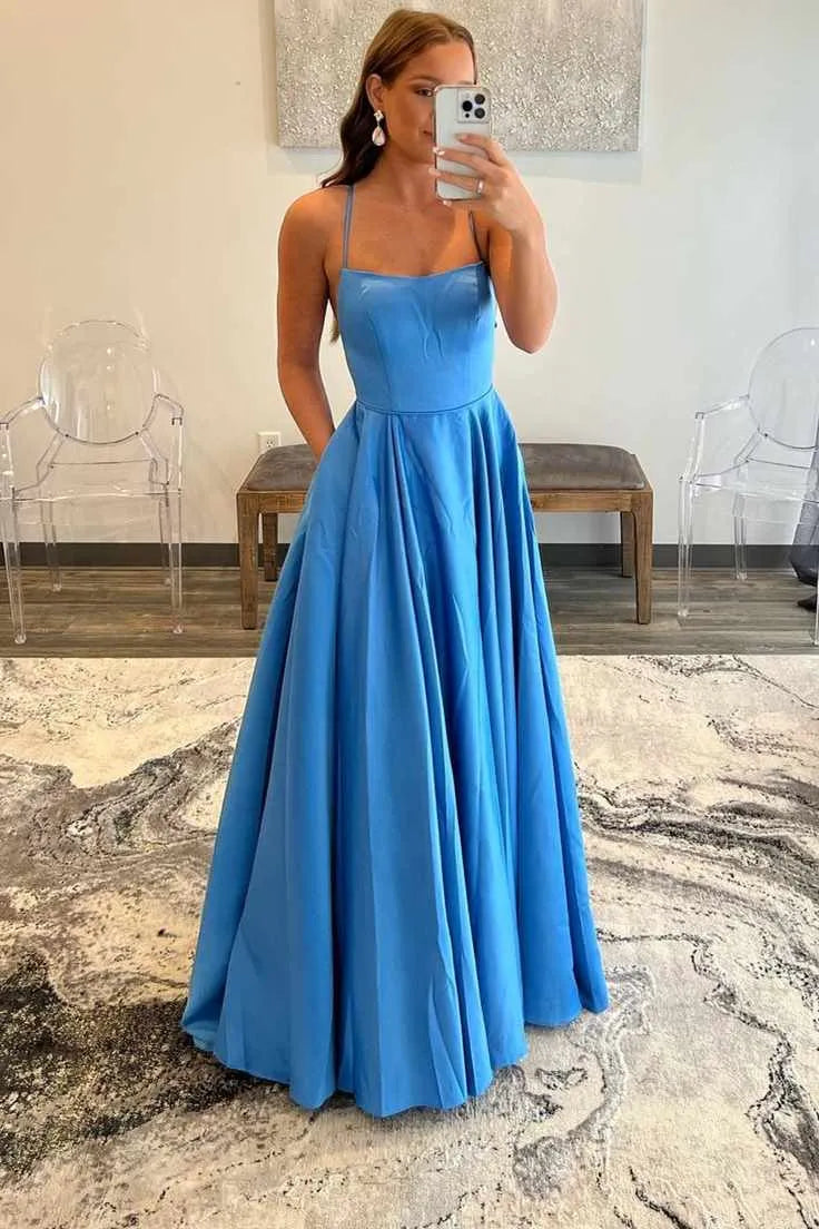 Sky Blue Satin A-Line Spaghetti Strap Backless Prom Gown