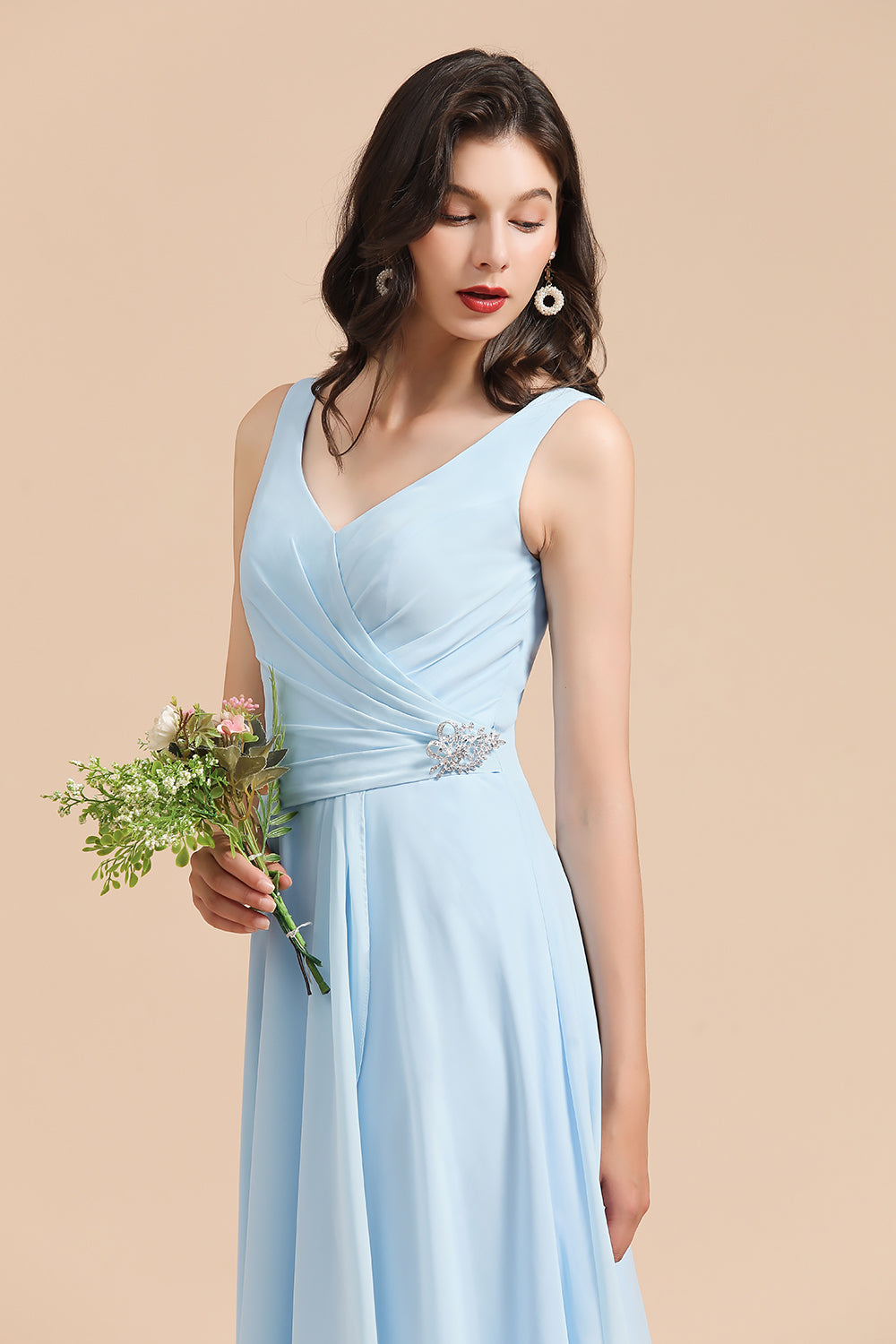 A-line V-Neck Ruffle Chiffon Sleeveless Formal Floor length Bridesmaid Dress With Rhinestone Details