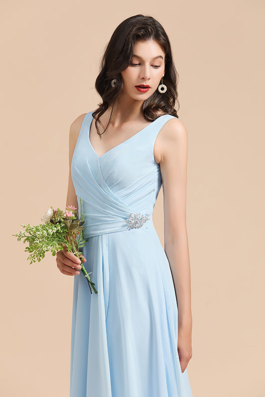 A-line V-Neck Ruffle Chiffon Sleeveless Formal Floor length Bridesmaid Dress With Rhinestone Details