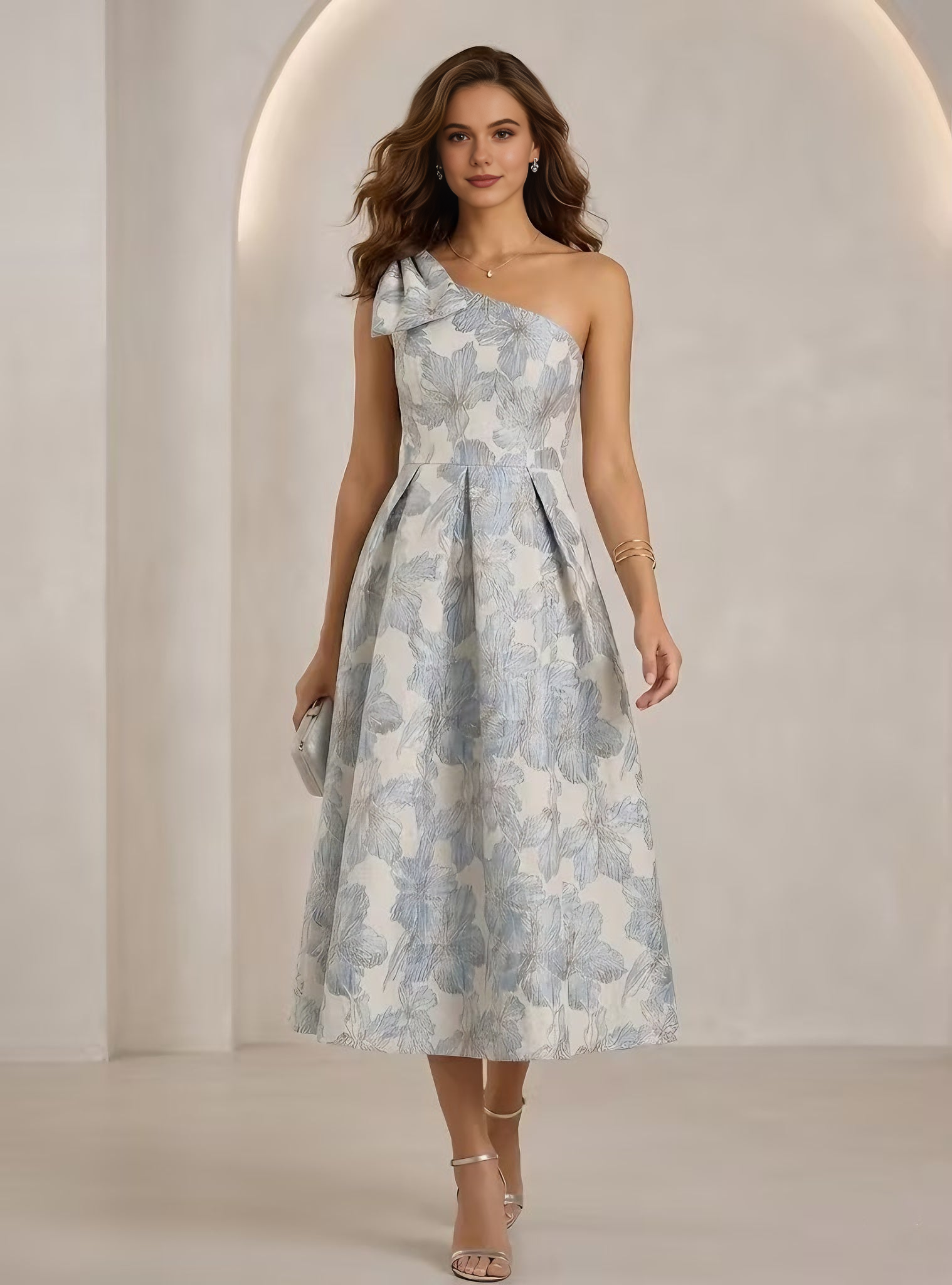 A-Line One-Shoulder Jacquard Cocktail Dresse Elegant Floral Sleeveless Open Back Midi Wedding Guest Dress