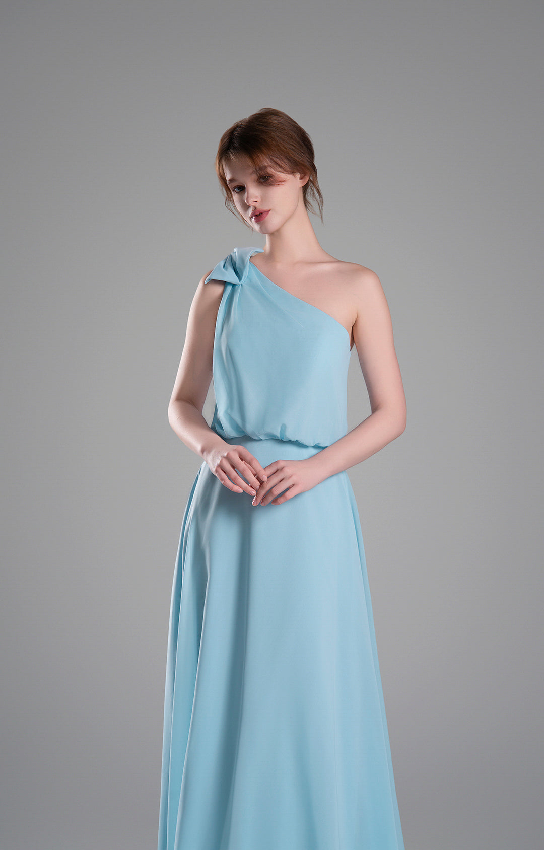 One-Shoulder Chiffon Bridesmaid Dress Flowy Floor-Length Evening Gown Bow Detail Flowing A-Line Dresses