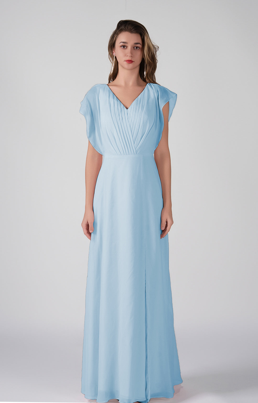 Elegant Chiffon Bridesmaid Dress Open Back Flutter Sleeves Pleats A-Line Maxi Dress with Side Slit