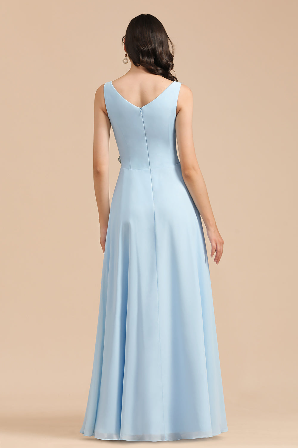 A-line V-Neck Ruffle Chiffon Sleeveless Formal Floor length Bridesmaid Dress With Rhinestone Details