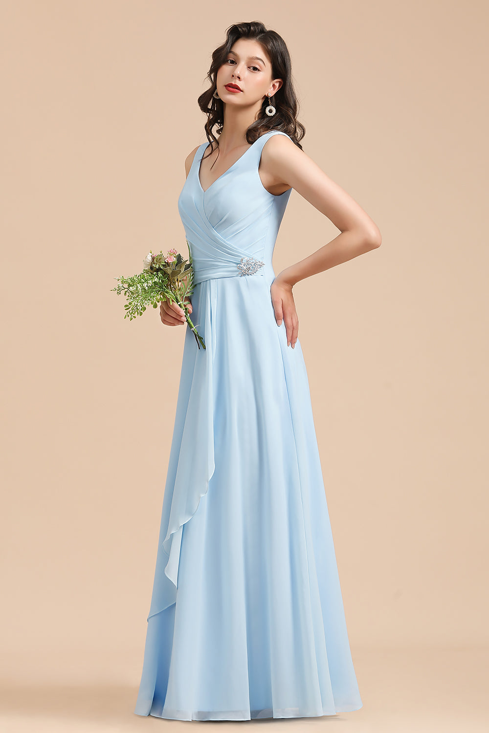 A-line V-Neck Ruffle Chiffon Sleeveless Formal Floor length Bridesmaid Dress With Rhinestone Details