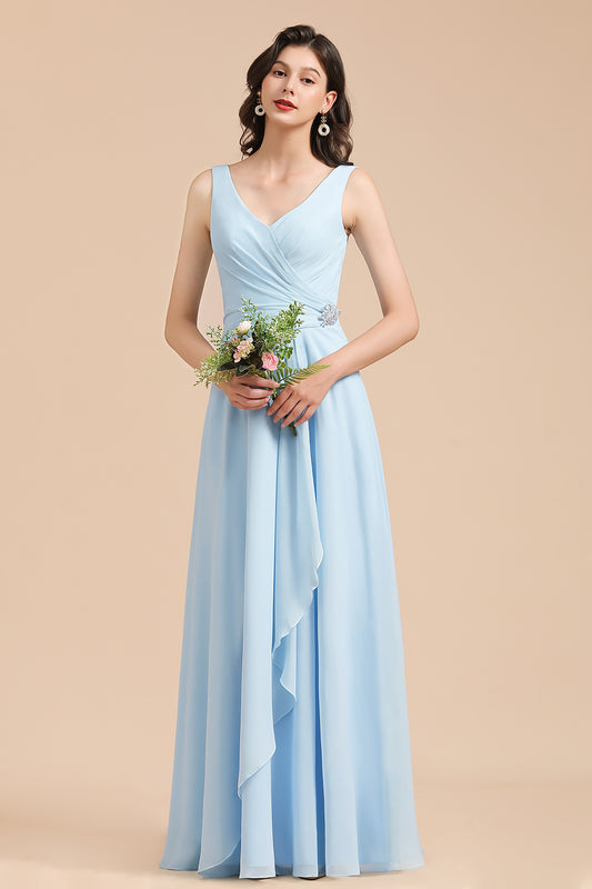 A-line V-Neck Ruffle Chiffon Sleeveless Formal Floor length Bridesmaid Dress With Rhinestone Details