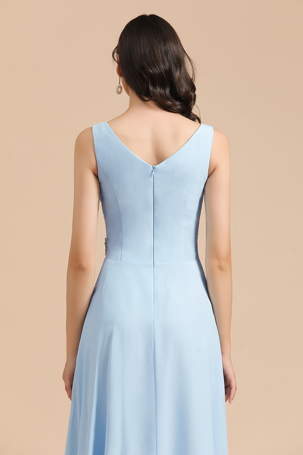 A-line V-Neck Ruffle Chiffon Sleeveless Formal Floor length Bridesmaid Dress With Rhinestone Details