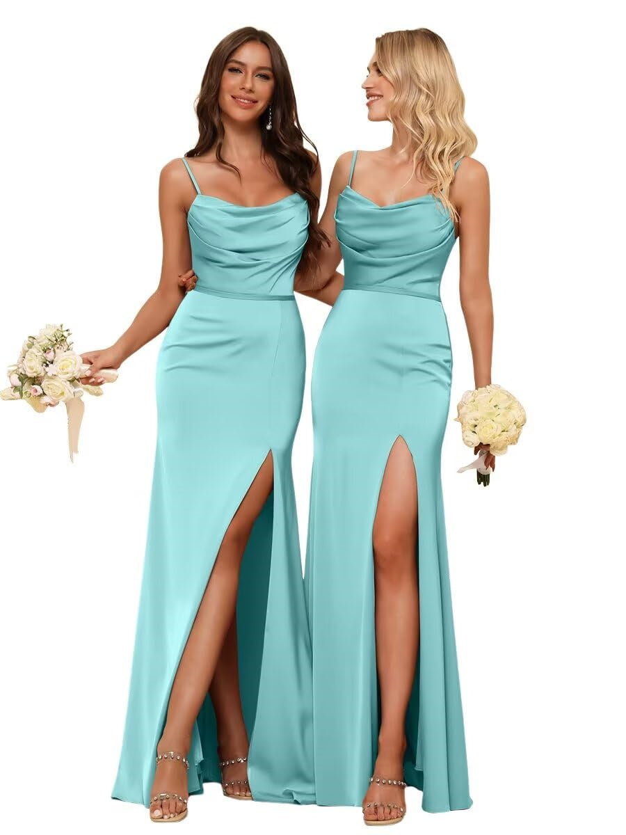 Sheath/Column Spaghetti Straps Sleeveless Satin Floor Length Bridesmaid Dresses Gown with Ruffles Split