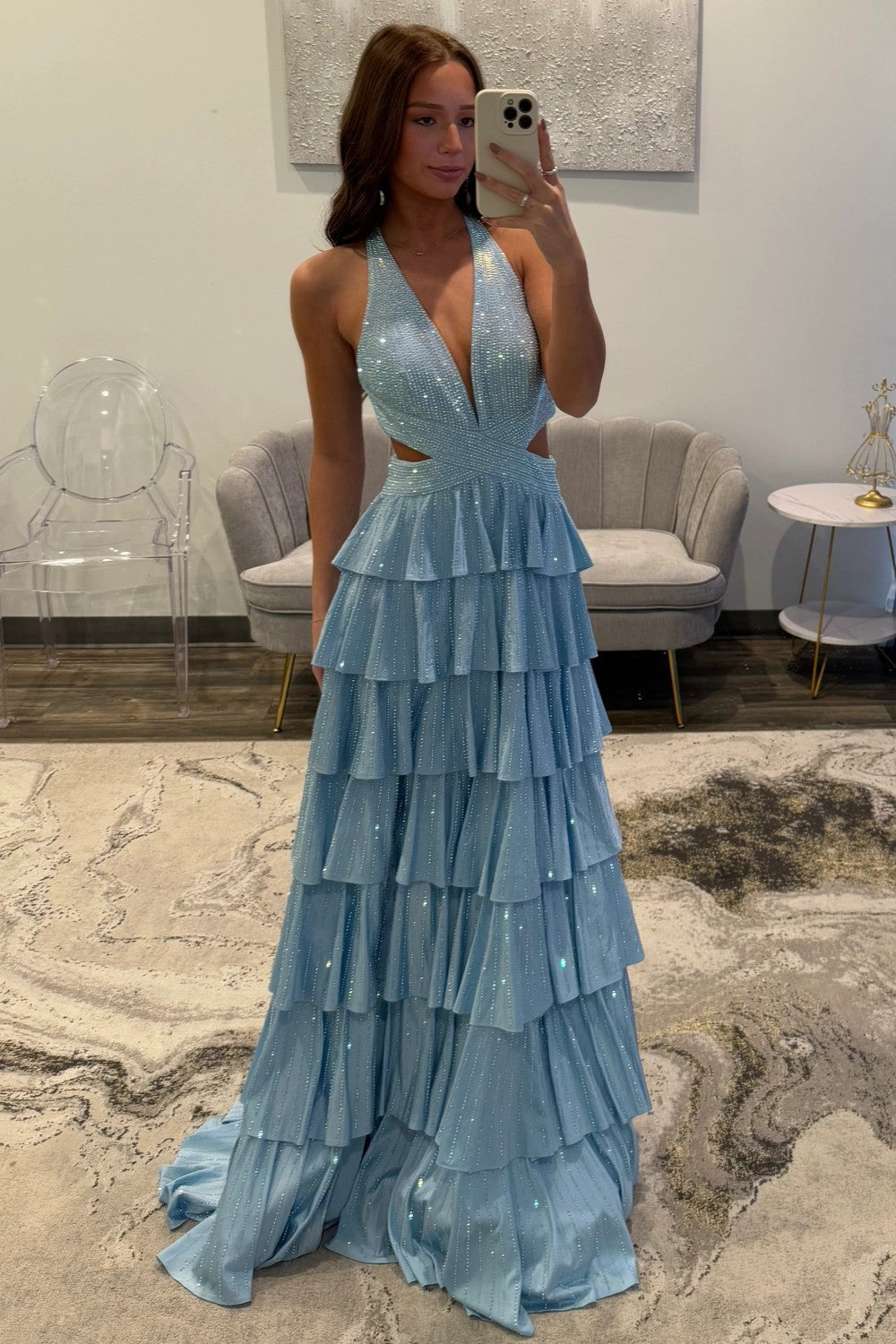 Vestido de fiesta de noche largo con abalorios, línea A, cuello halter, capas, brillante, espalda descubierta y abertura alta