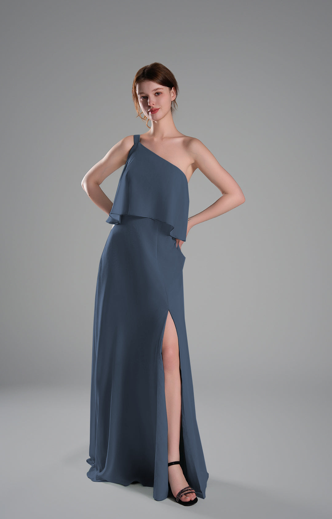 One Shoulder Chiffon Bridesmaid Dress with Slit Elegant Long Formal Evening Gown Flowing A-Line Dresses