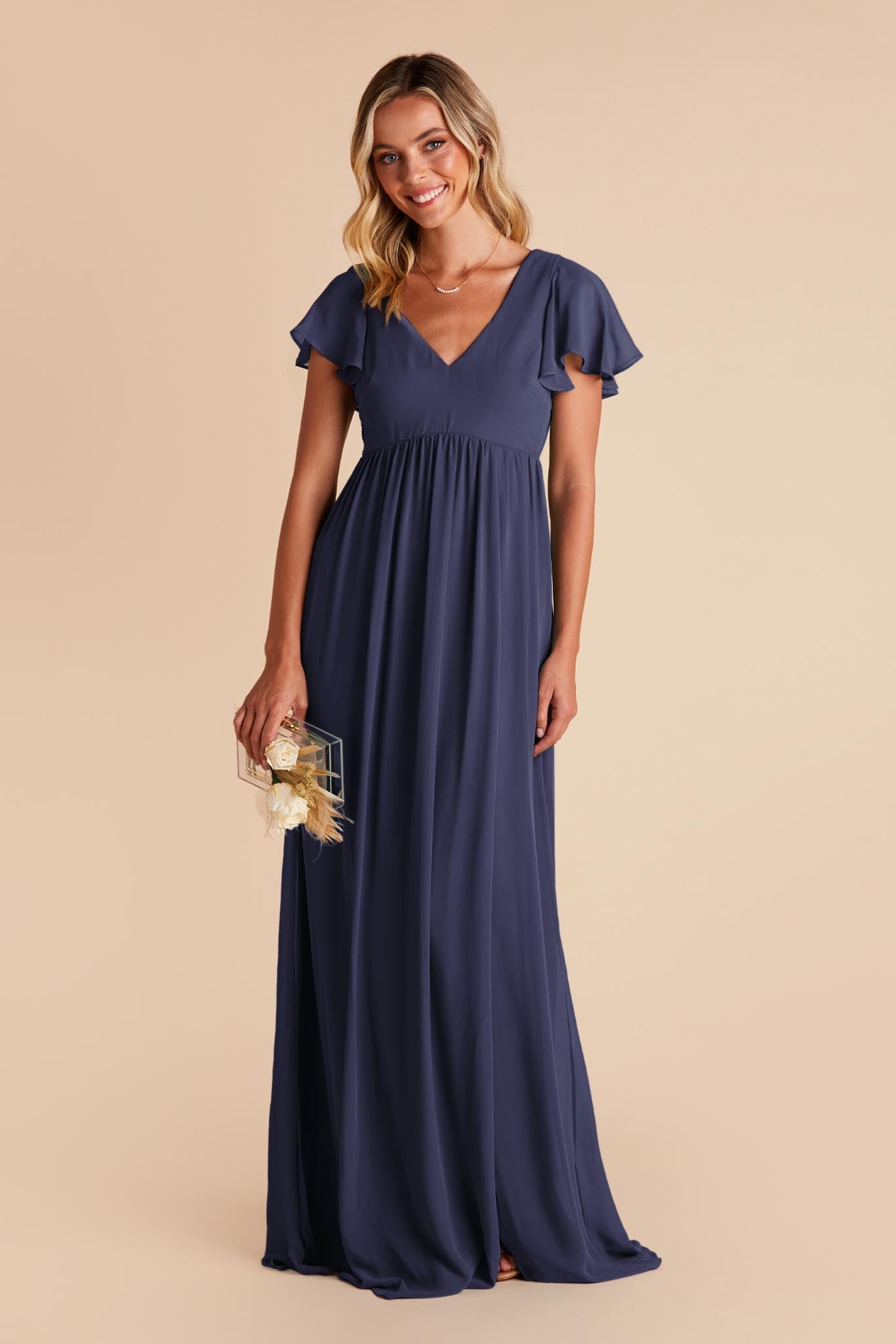 Women's V-Neck Flutter Sleeve Chiffon Bridesmaid Dresses Maxi Dress with Empire Waist & Side Slit Formal Evening Gown