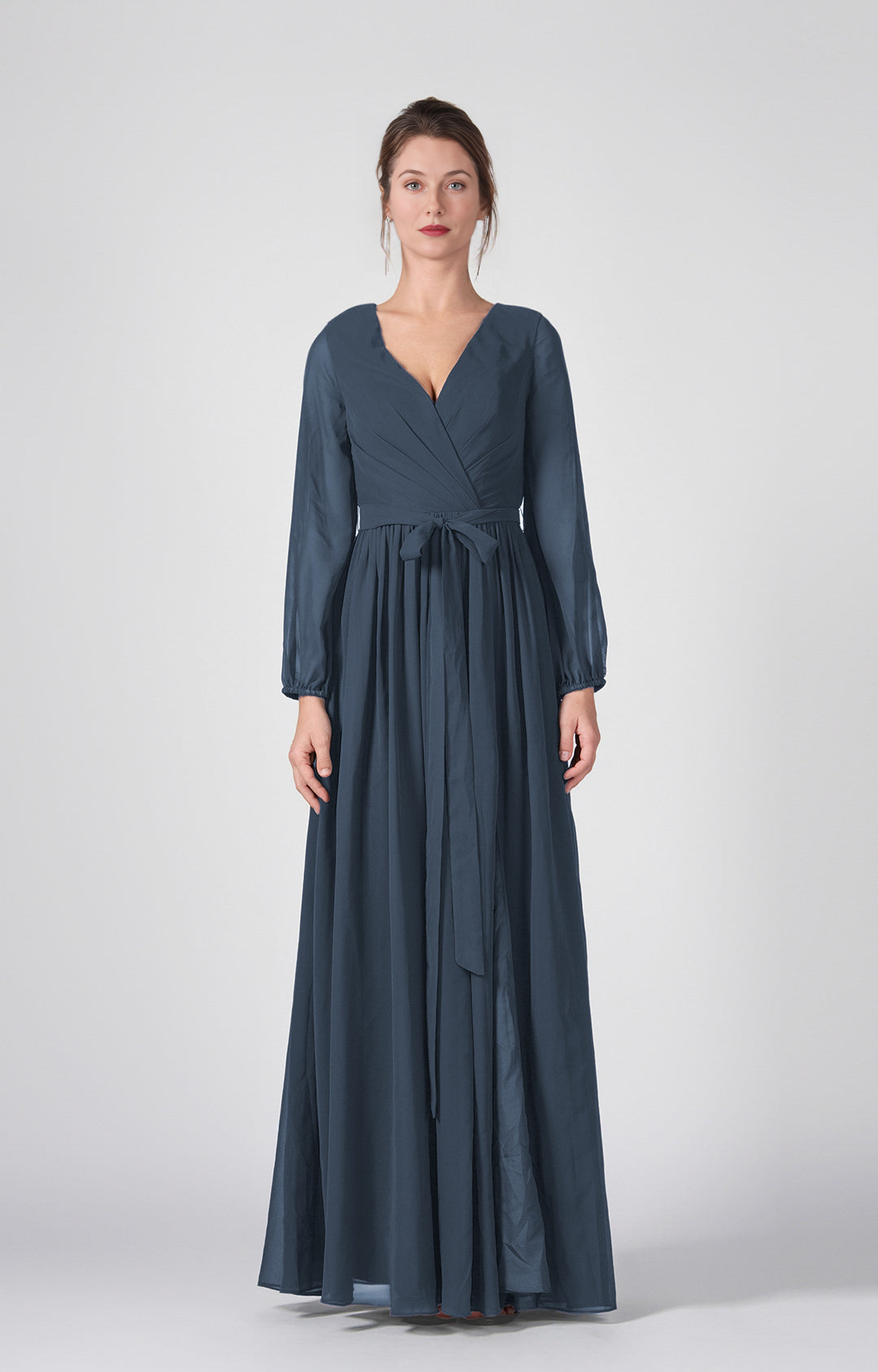 Elegant A-Line V-Neck Long Sheer Sleeve Open Back Floor-Length Bridesmaid Wedding Guest Dresses