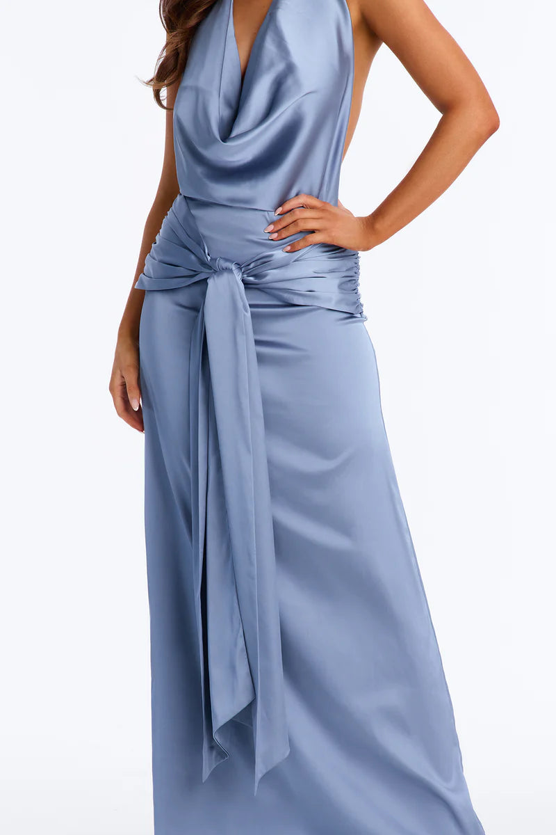 Sleek Column Halter Neck Satin FloorLength Cowl Tie Evening Gown