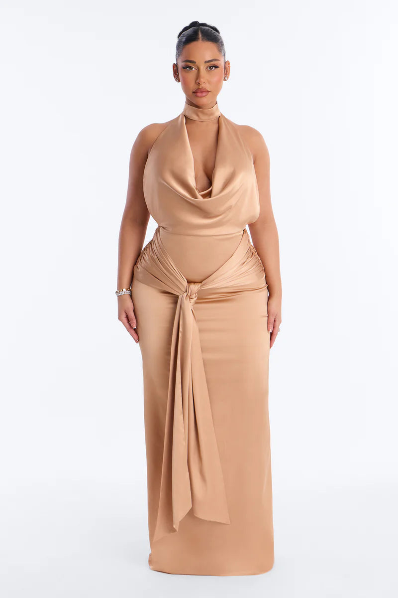 Sleek Column Halter Neck Satin FloorLength Cowl Tie Evening Gown