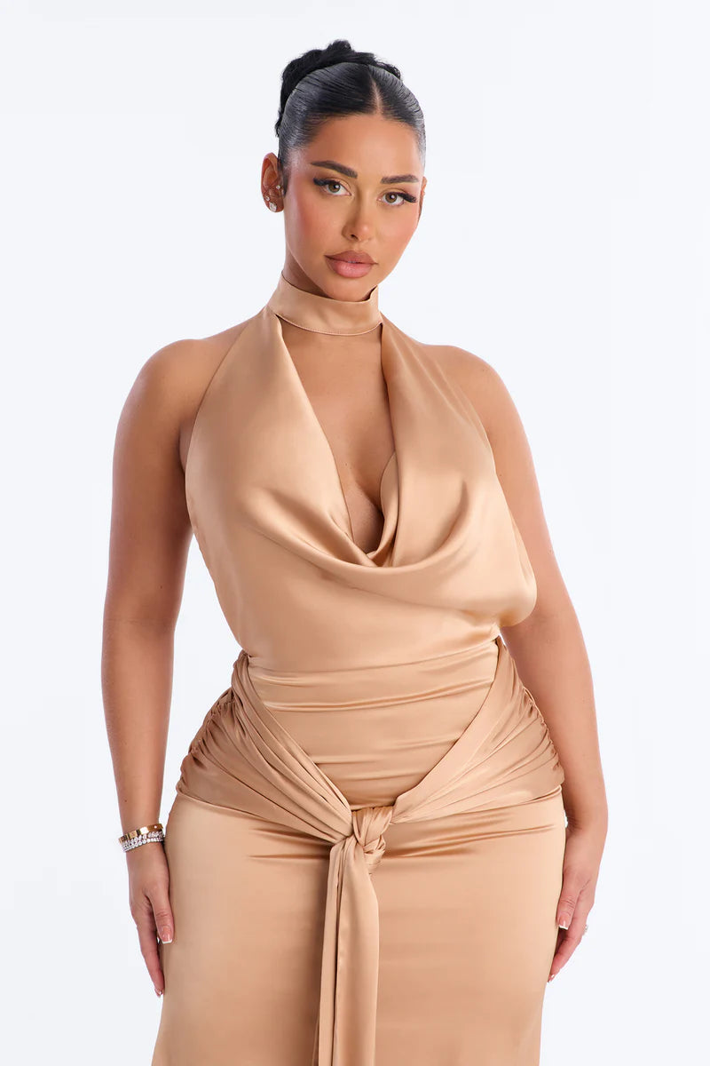 Sleek Column Halter Neck Satin FloorLength Cowl Tie Evening Gown