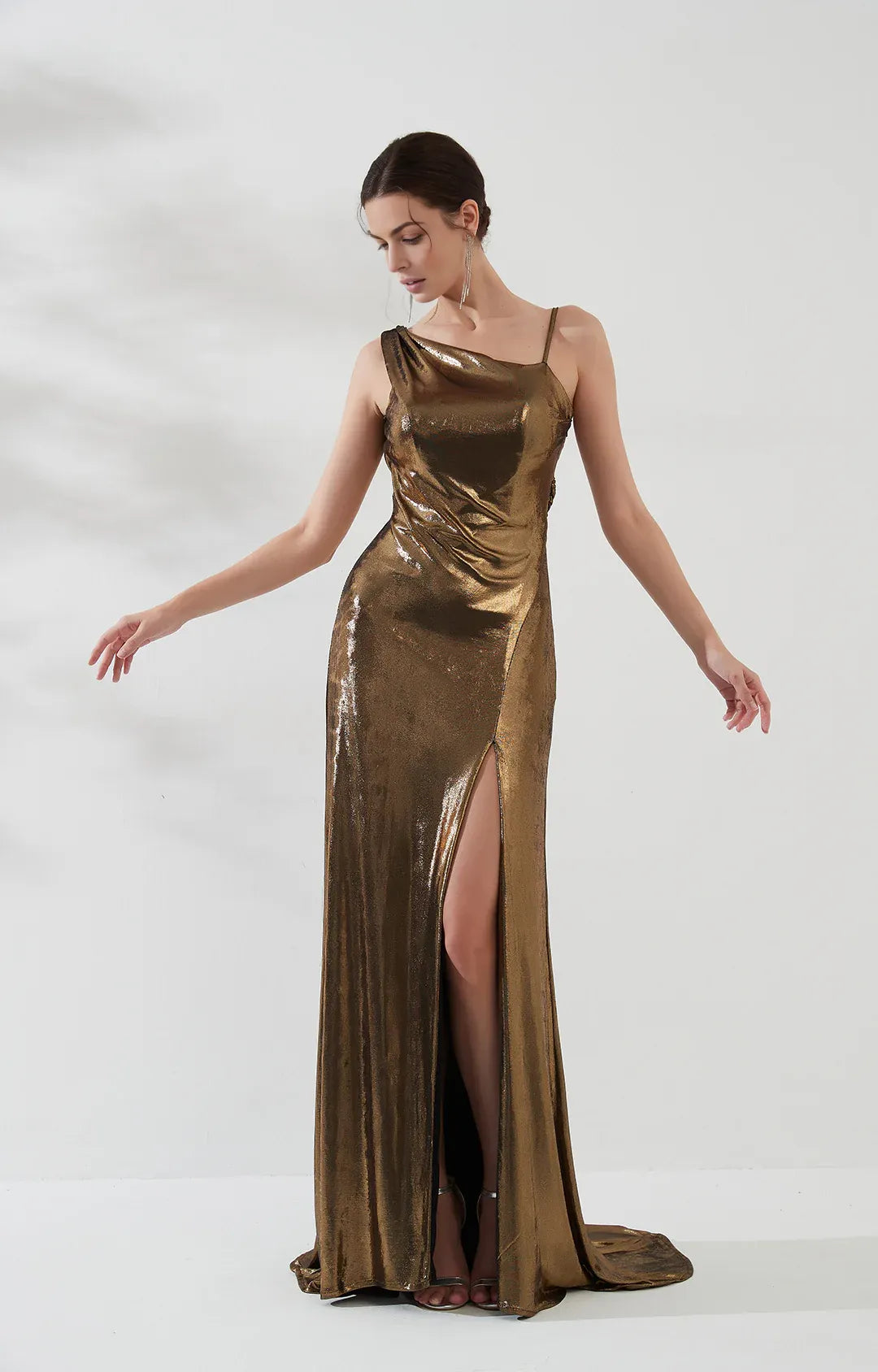Sleek Mermaid Asymmetrical Sleeveless Metallic Floor-Length HighSlit Evening Dress