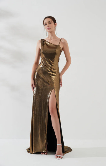 Sleek Mermaid Asymmetrical Sleeveless Metallic Floor-Length HighSlit Evening Dress