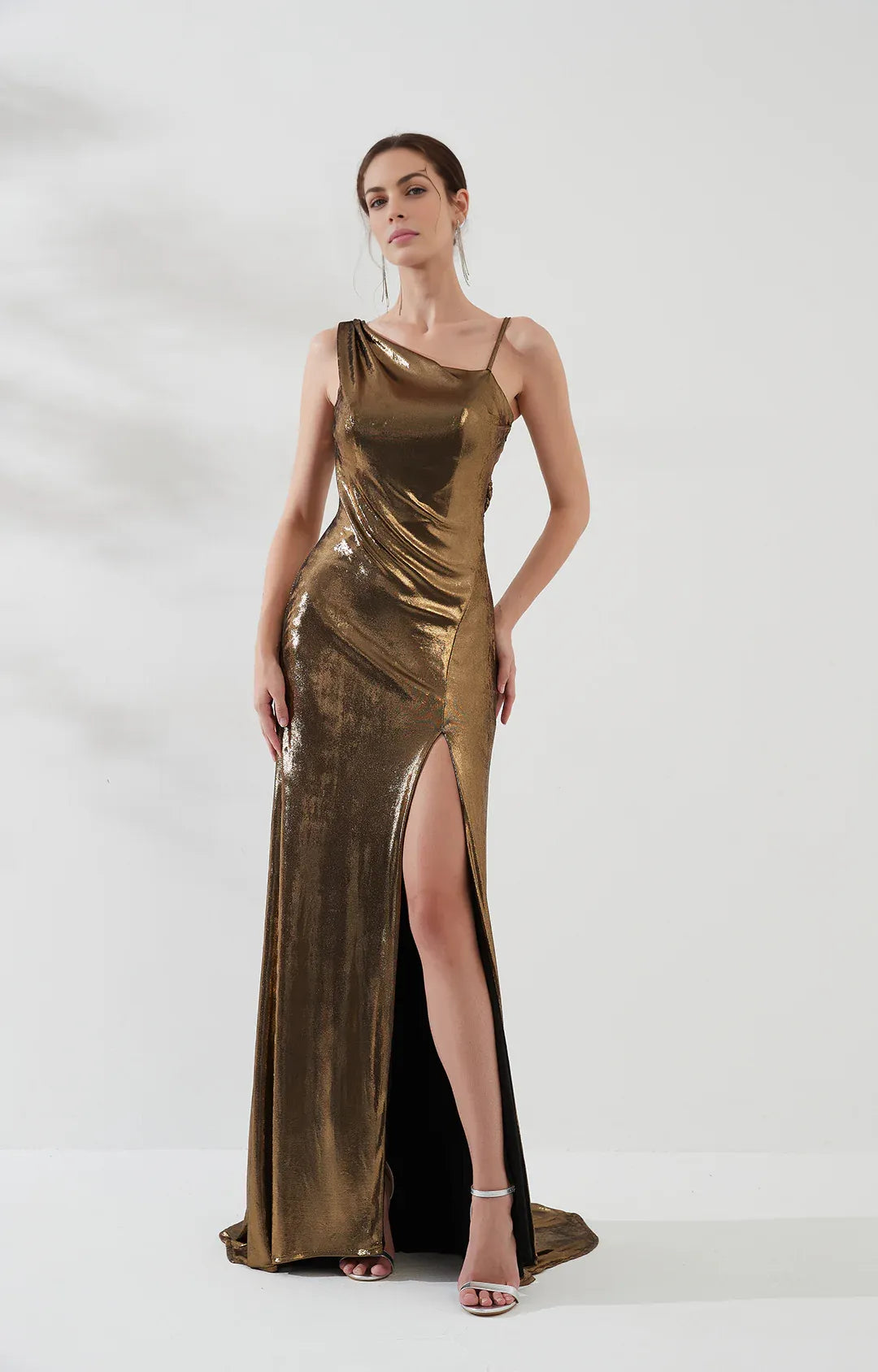 Sleek Mermaid Asymmetrical Sleeveless Metallic Floor-Length HighSlit Evening Dress